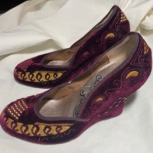 Burgundy Velvet with Gold Embroidery Naughty Monkey Pumps